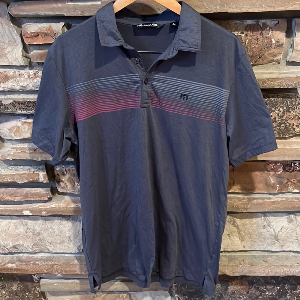Travis Mathew Golf Polo Charcoal Grey with Red Gradient Stripes